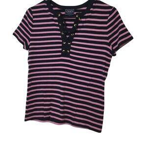 Chaps Classics Striped Lace-Up T-Shirt Short Sleeve Casual Top Small